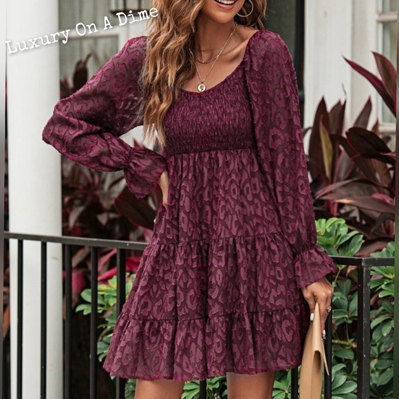 Leopard Print Dess Tiered Sheer Long Sleeve Babydoll Mini Playful Outfit - Picture 4 of 11